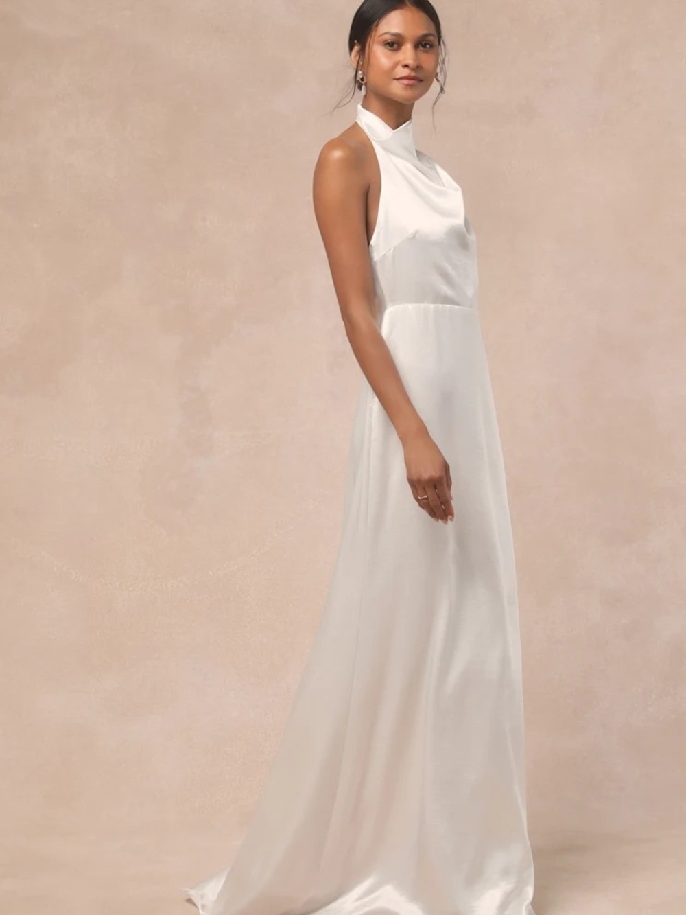 Lulu's Ivory Satin Halter Maxi Gown